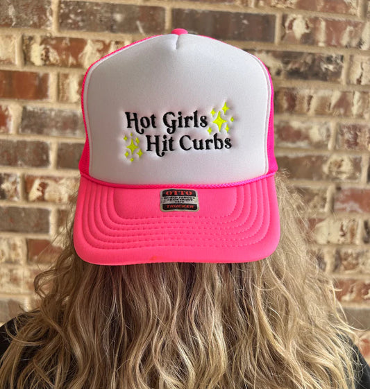 Hot Girls Hit Curbs Neon Pink & White Embroidered Trucker Hat
