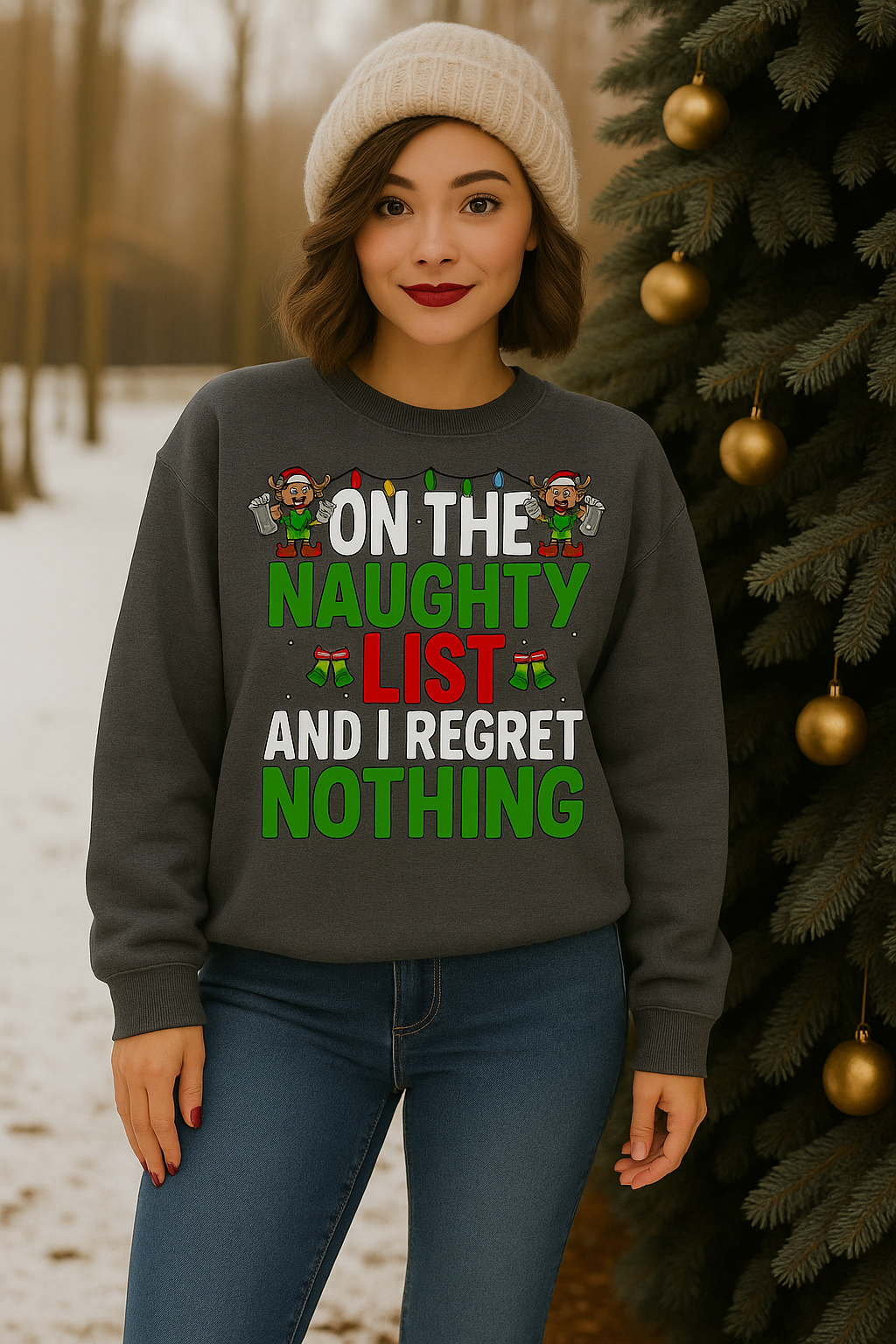ON THE NAUGHTY LIST AND NO REGRETS - Unisex Dark Heather Grey Graphic Sweatshirt