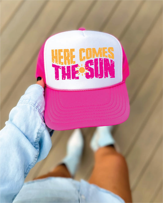 Here Comes The Sun Hot Pink & White Unisex Foam Trucker Hat