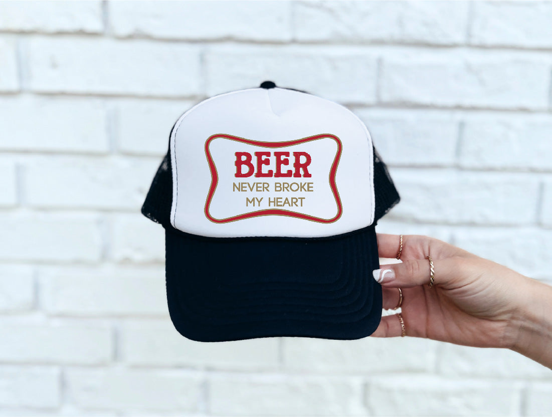 Beer Never Broke My Heart Black & White Trucker Hat