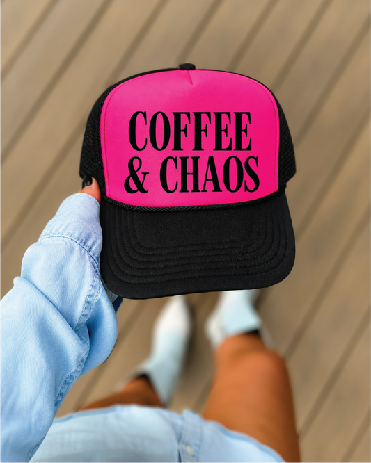 Coffee and Chaos -  Neon Pink and Black Unisex Foam Trucker Hat