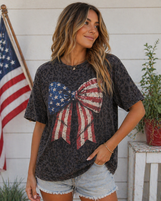 Patriotic Bow - Unisex LAT Black Leopard Tee
