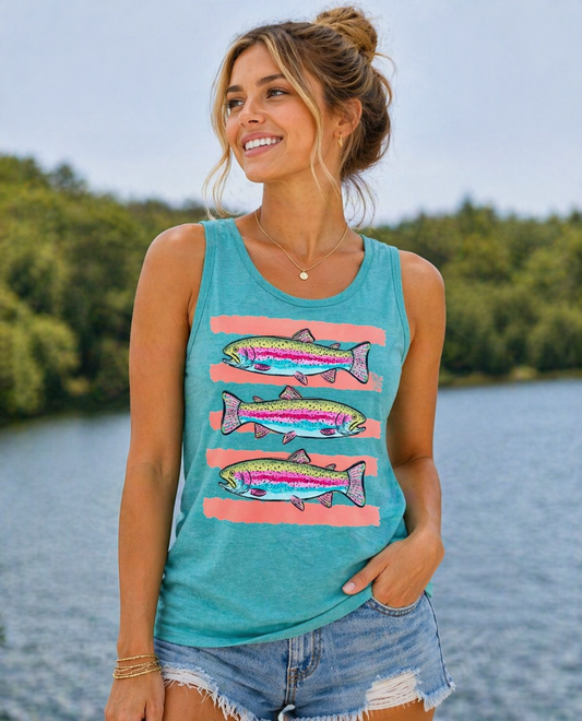 Three Summer Trout Fish- Lagoon Blue Comfort Color Unisex Graphic Tank Top