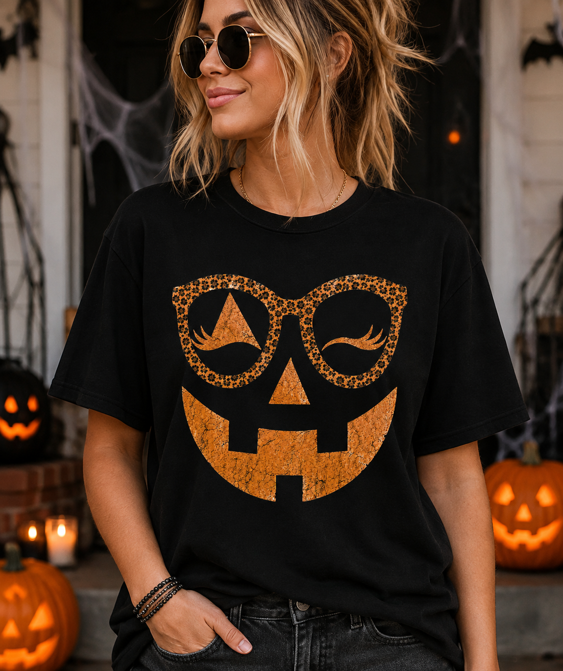 Girly Pumpkin Face- Black Comfort Color Unisex Graphic Tee