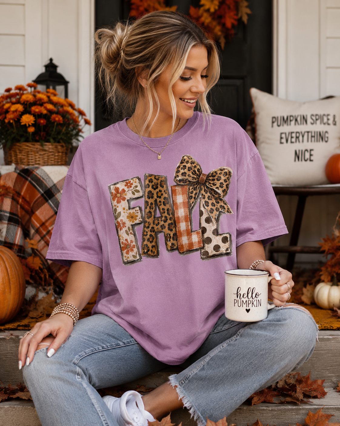 Fall Pattern Letters Leopard Bow- Comfort Color Unisex Graphic T-Shirt