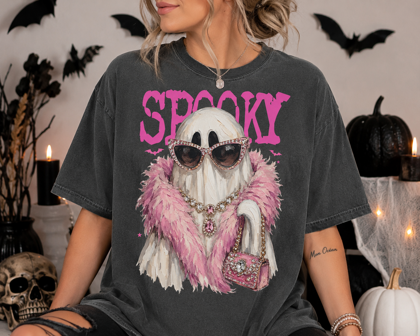 Spooky Boujee Ghost - Pepper Comfort Color Unisex Graphic Tee