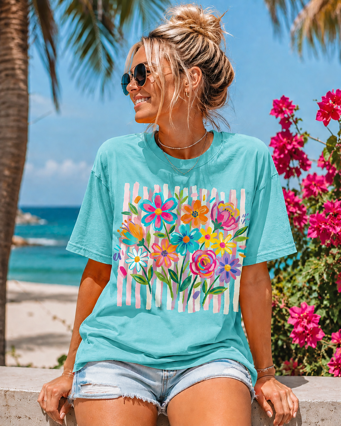 Summer Floral - Comfort Color Lagoon Blue UNISEX Tee