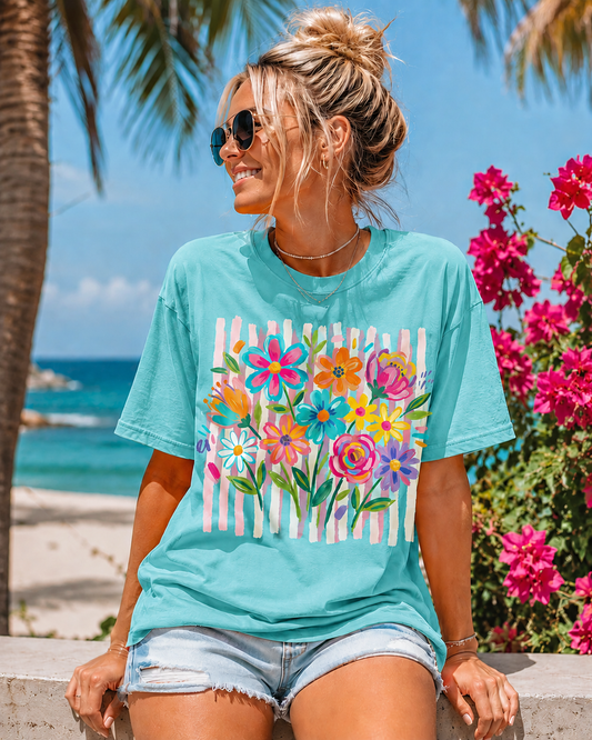 Summer Floral - Comfort Color Lagoon Blue UNISEX Tee