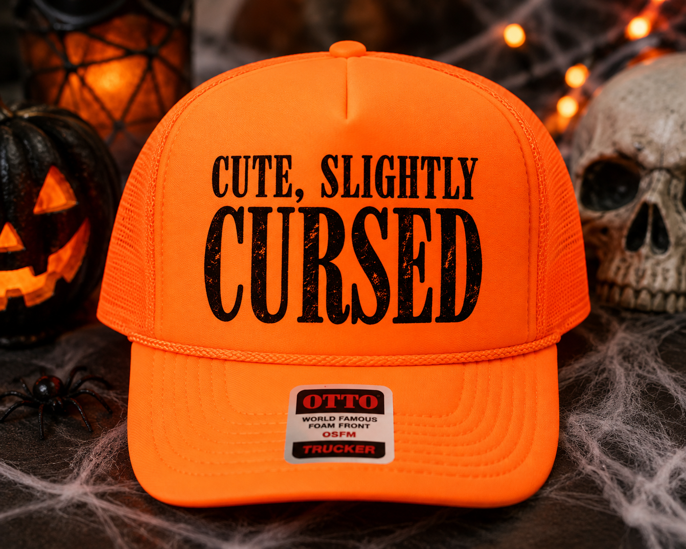 CUTE, SLIGHTLY CURSED - NEON ORANGE Unisex Foam Trucker Hat