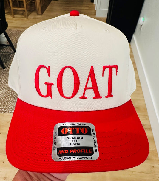 GOAT Puff Embroidery Red and Natural Otto Trucker Hat