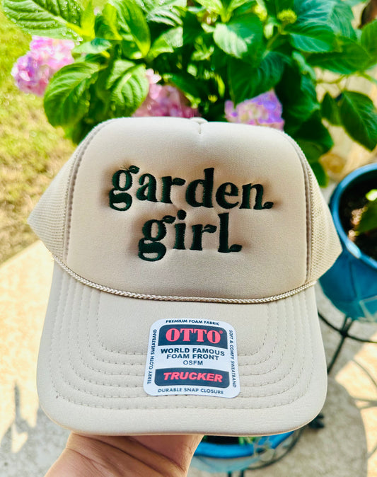 Garden Girl Embroidered Khaki Trucker Hat