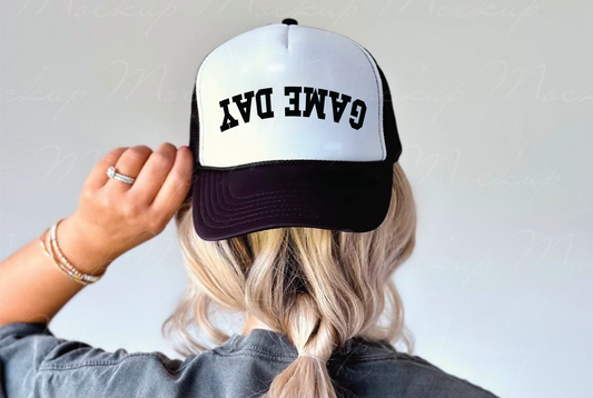 Game Day Upside Down - UNISEX BLACK AND WHITE TRUCKER HAT