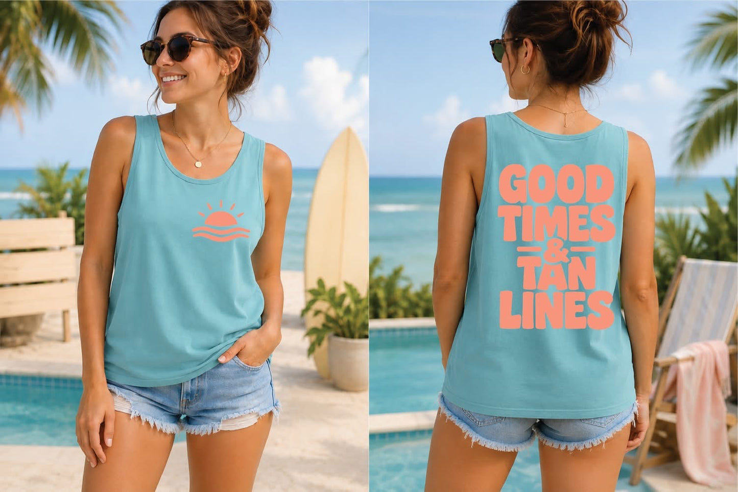 Good Times and Tan Lines - Lagoon Blue Comfort Color Unisex Graphic Tank Top