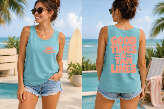 Good Times and Tan Lines - Lagoon Blue Comfort Color Unisex Graphic Tank Top