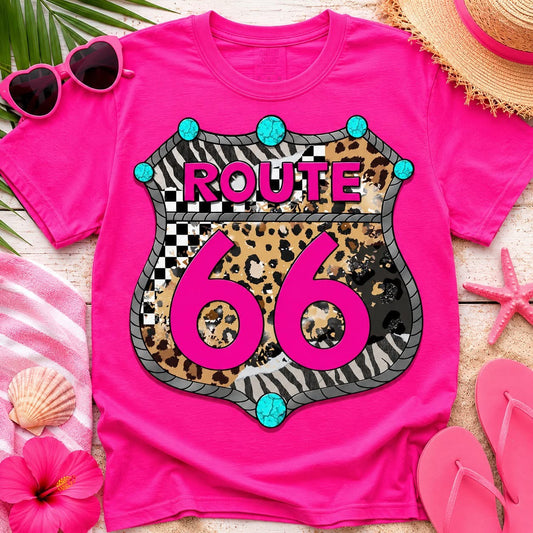 Leopard Route 66 - Comfort Color Neon Pink UNISEX Tee