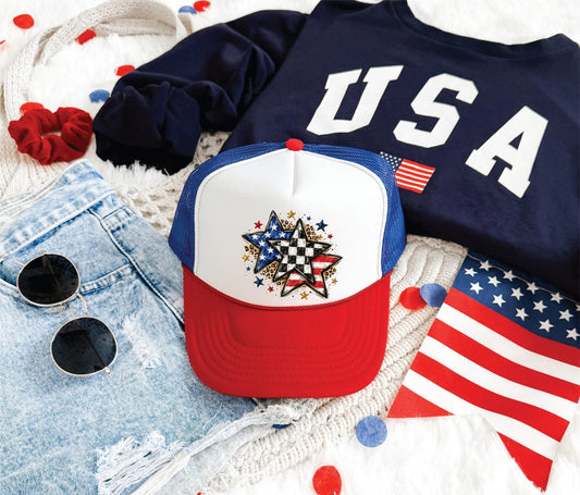 America Pattern Stars - Unisex Red, White, and Blue Foam Trucker Hat