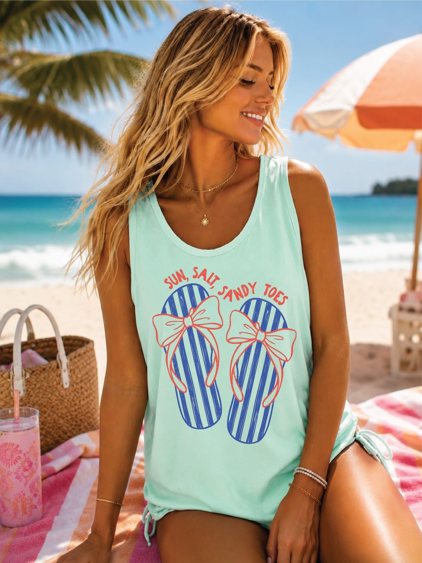 Sun, Salt, Sandy Toes- Island Green Comfort Color Unisex Graphic Tank Top