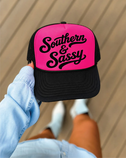 Southern And Sassy-  Neon Pink and Black Unisex Foam Trucker Hat
