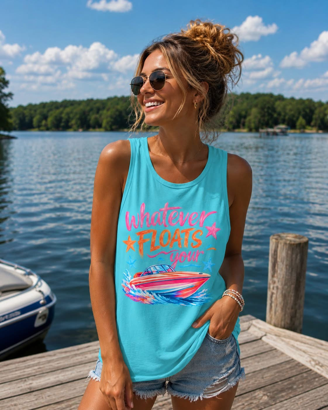 Whatever Floats Your Boat - Lagoon Blue Comfort Color Unisex Graphic Tank Top