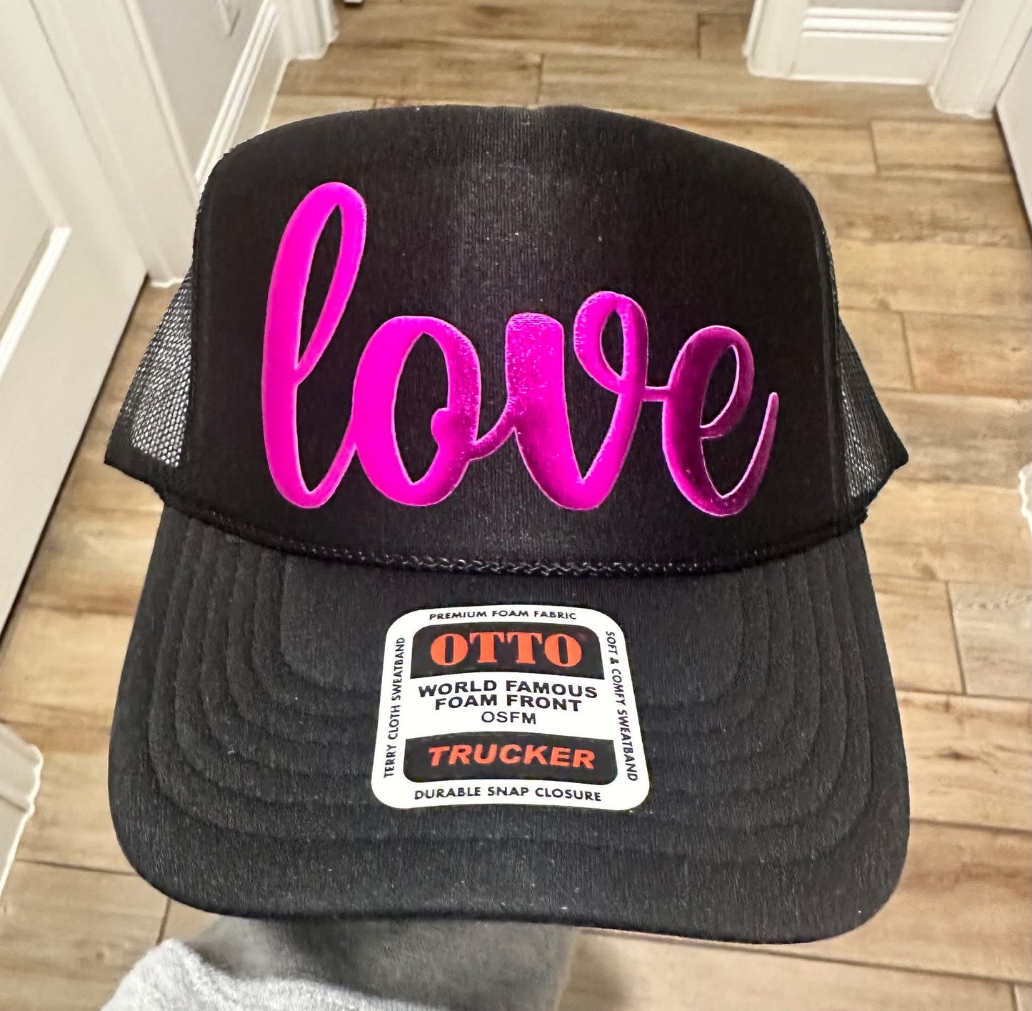 Love Metallic Pink Puff Trucker Hat
