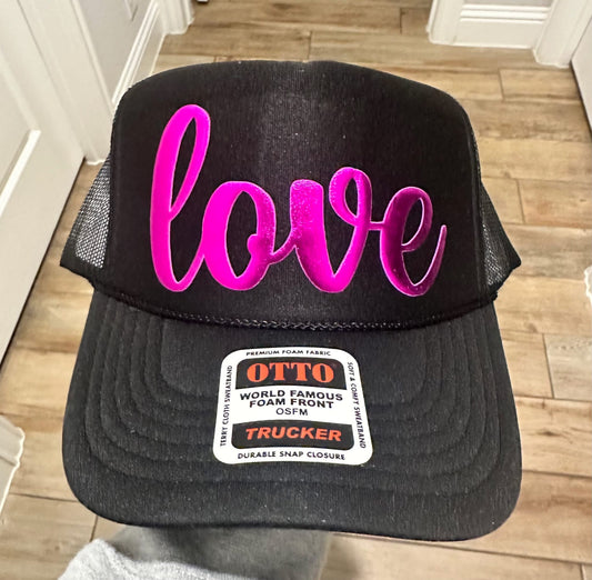 Love Metallic Pink Puff Trucker Hat