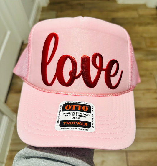 Love Metallic Red Puff Trucker Hat