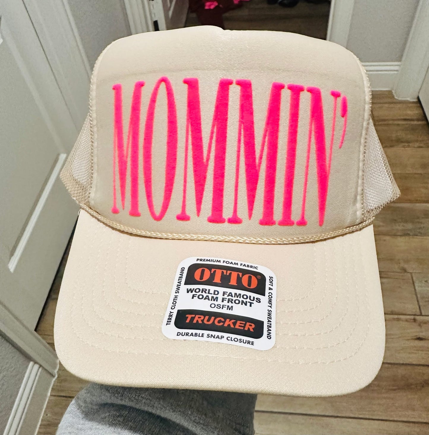 MOMMIN’ Neon Pink Puff Trucker Hat