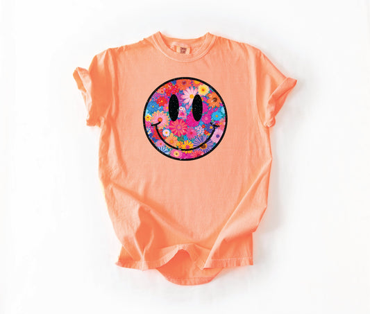 Floral Face Neon Cantaloupe Unisex Comfort Color Graphic Tee