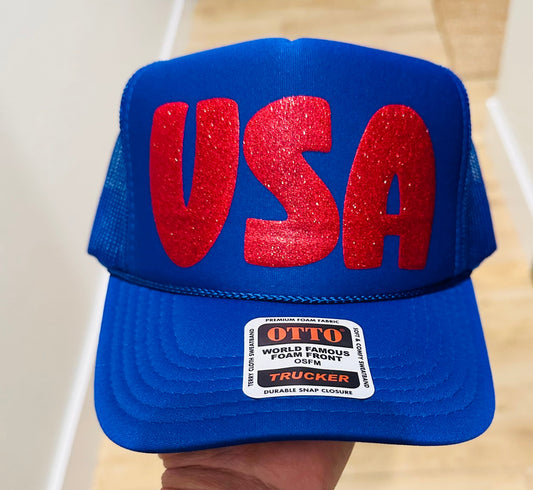 USA- Glitter Puff Royal Blue Unisex Trucker Hat