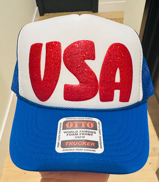 USA- Glitter Puff Royal Blue and White Unisex Trucker Hat