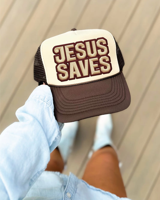 Jesus Saves Faux Embroidered  Brown and Tan Unisex Foam Trucker Hat