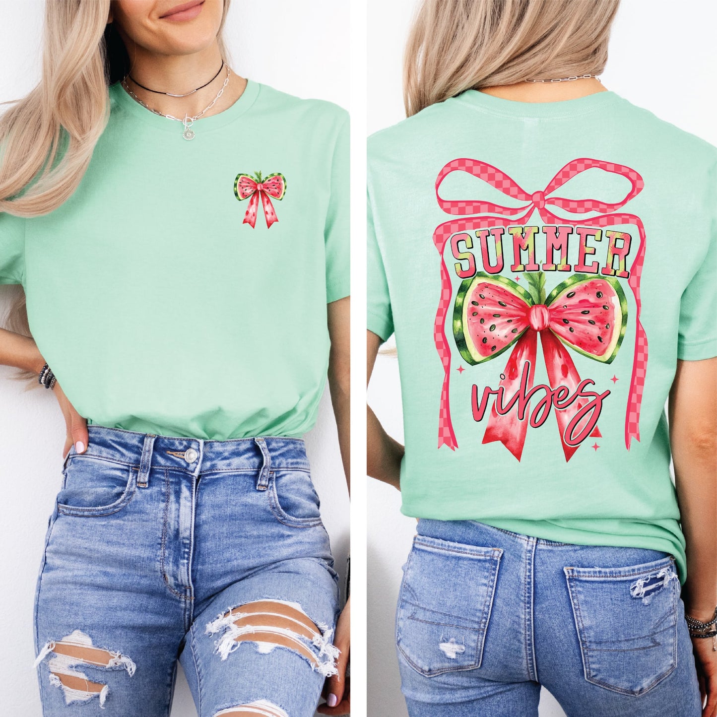 Summer Vibes Watermelon Bow Mint Unisex Tee