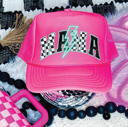 Mama Checkered Bolt Neon Pink Unisex FoamTrucker Hat