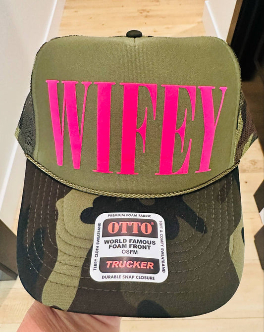 Wifey Neon Pink Puff Camo and Olive Trucker Hat