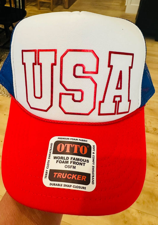 USA Red Metallic Puff Red White and Blue Unisex Foam Trucker Hat
