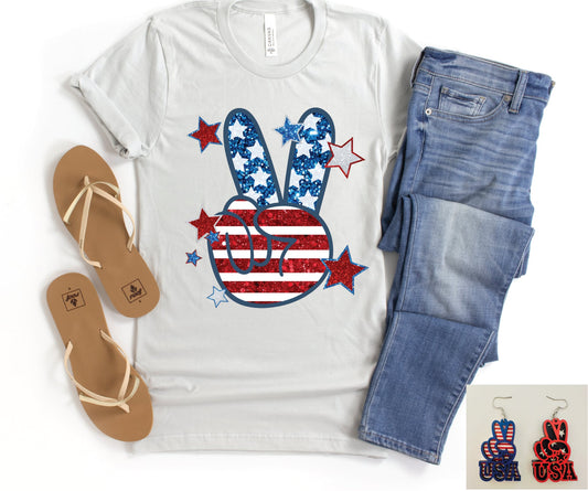 American Peace Sign Faux Sewuin Unisex Silver Graphic Tee