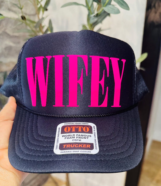 Wifey 3D Neon Pink Puff Vinyl on a Black Unisex Foam Trucker Hat