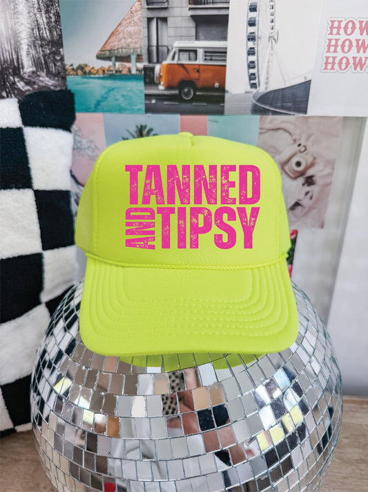 Tanned and Tipsy Neon Yellow Unisex Foam Trucker Hat