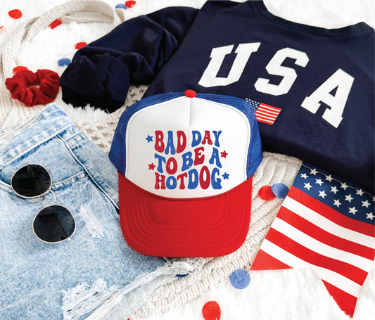 Bad Day to be a Hot Dog Red,White, and Blue Unisex Foam Trucker Hat