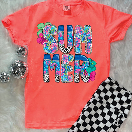 Summer Floral - Neon Red Orange Unisex Comfort Color Graphic Tee