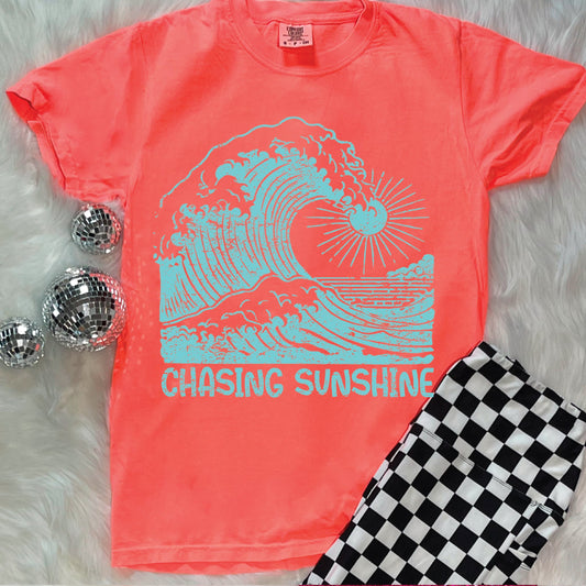 Chasing Sunshine Neon Red Orange Unisex Comfort Color Graphic Tee