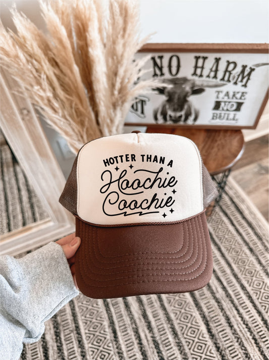 Hotter Than A Hoochie Coochie Unisex Brown & Tan Unisex Foam Trucker Hat