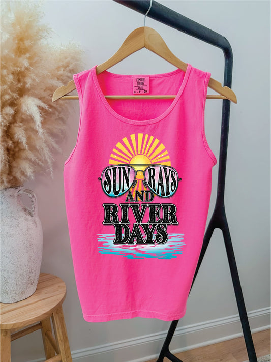 Sunrays and River Days  Neon Pink Comfort Color Unisex Graphic Tank Top