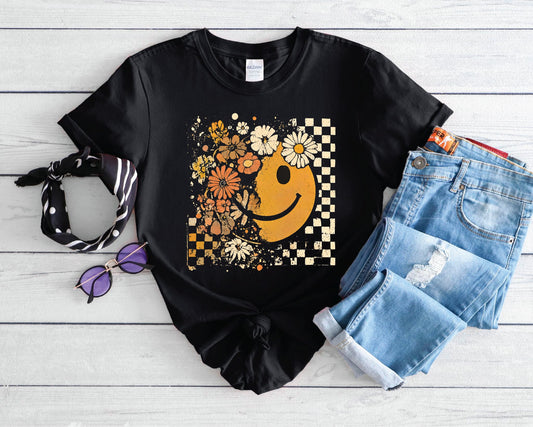 Checkered Floral Face  Unisex Bella Canvas Graphic T-Shirt