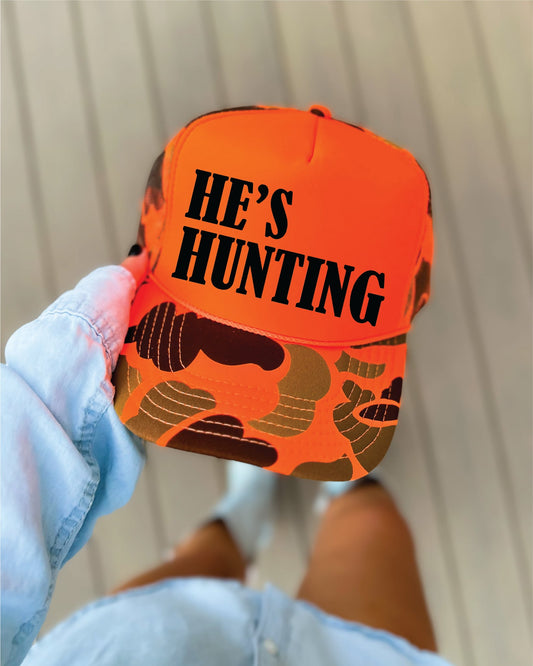 He’s Hunting Orange Camo and Orange  Unisex Foam Trucker Hat