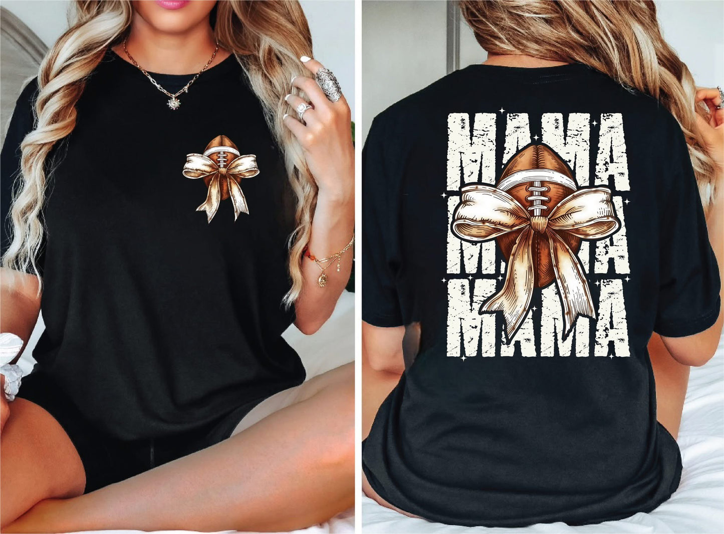 Football Mama Bow-Black Comfort Color Unisex Graphic Tee