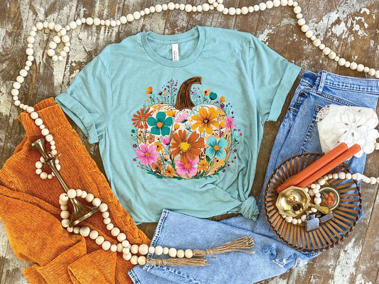 Floral Pumpkin- Dusty Blue Bella Canvas Unisex Graphic Tee