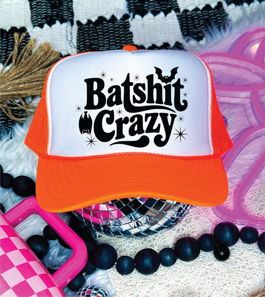 Bat Sh*t Crazy -Neon Orange and White Unisex Foam Trucker Hat