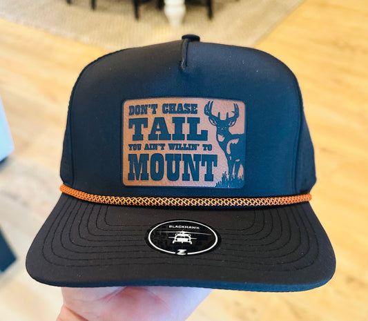 Don't Chase A Tail- Leather Patch Black and Orange Rope Unisex Hat