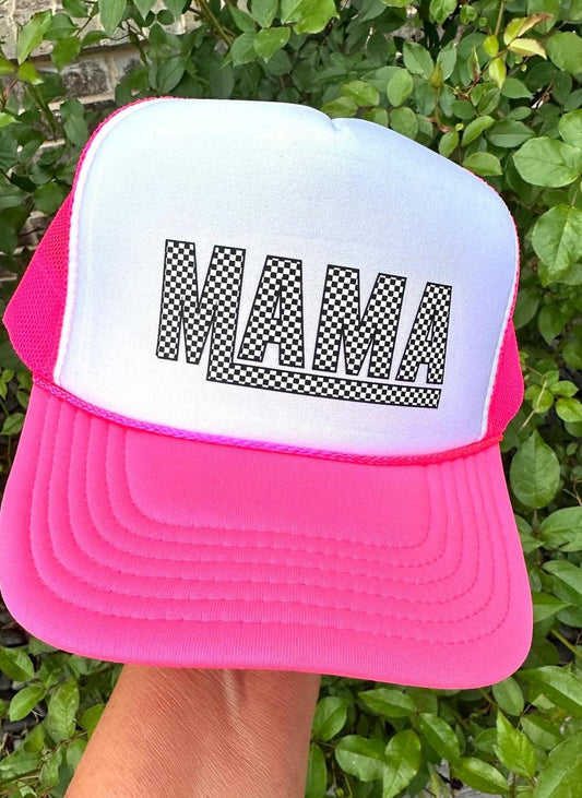 Mama Checkered Neon Pink & White Trucker Hat